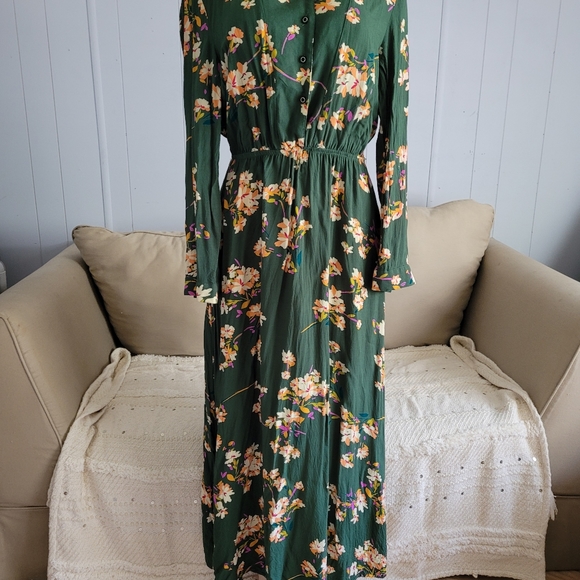 Beautiful bohemian floral green maxi long dress size L - Picture 5 of 10